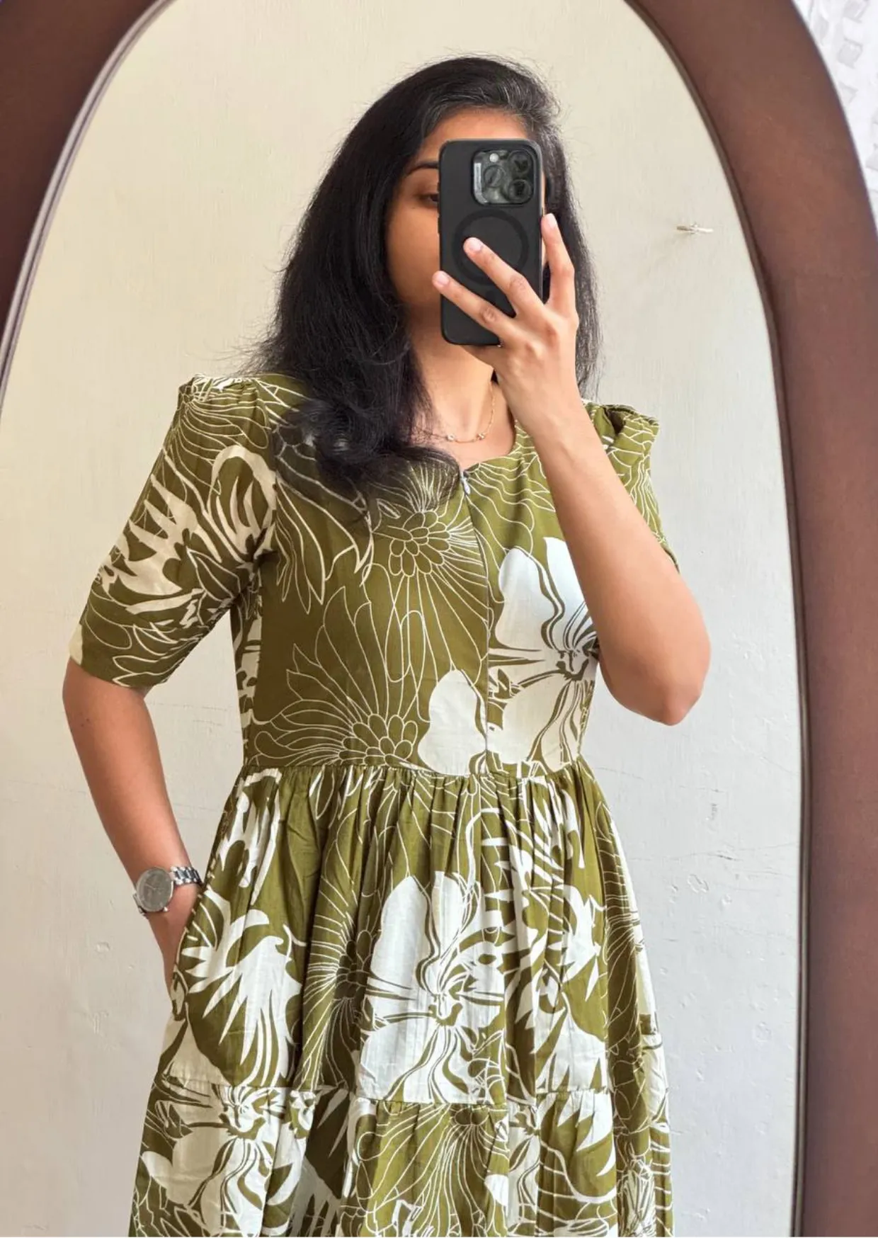 Olive Botanical Soft Cotton Midi Dress-2