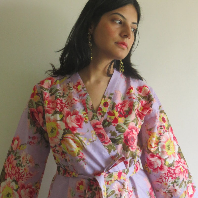 Lilac Floral Knee Length, Kimono Crossover Belted Robe-1