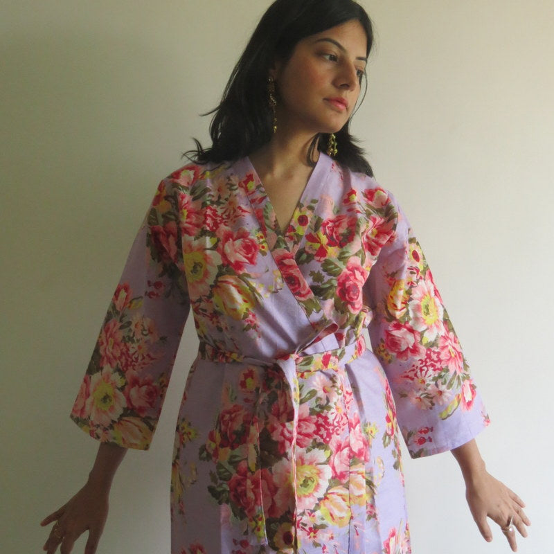 Lilac Floral Knee Length, Kimono Crossover Belted Robe-2