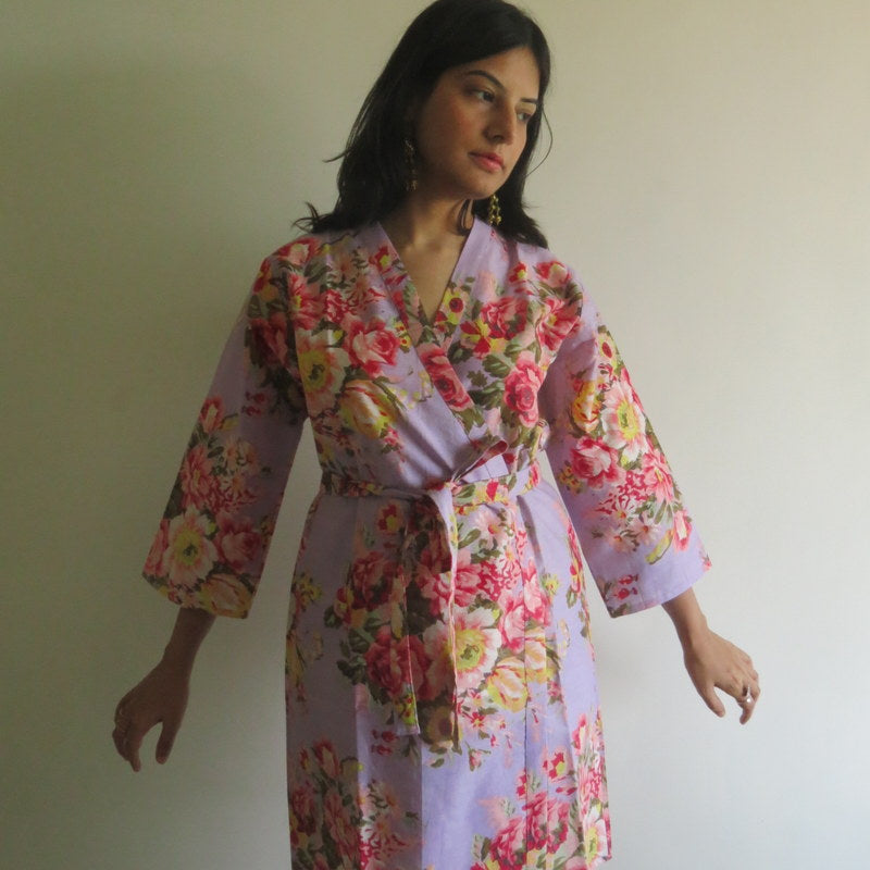 Lilac Floral Knee Length, Kimono Crossover Belted Robe-3