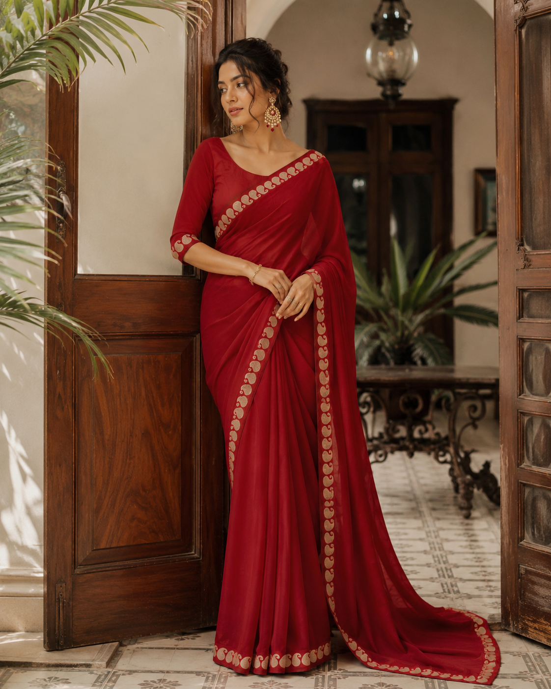 Ruhani Red Viscose Georgette Saree Set-0