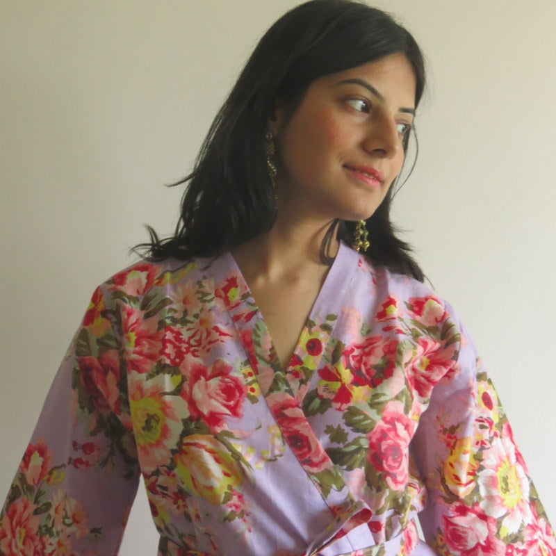 Lilac Floral Knee Length, Kimono Crossover Belted Robe-0