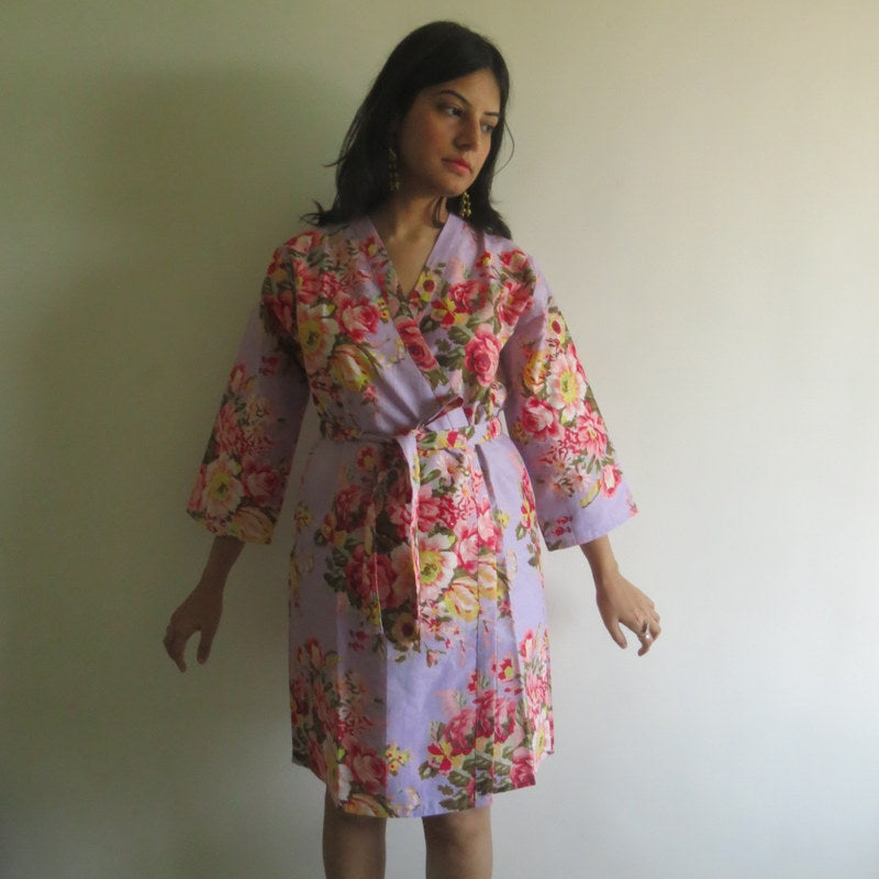 Lilac Floral Knee Length, Kimono Crossover Belted Robe-4