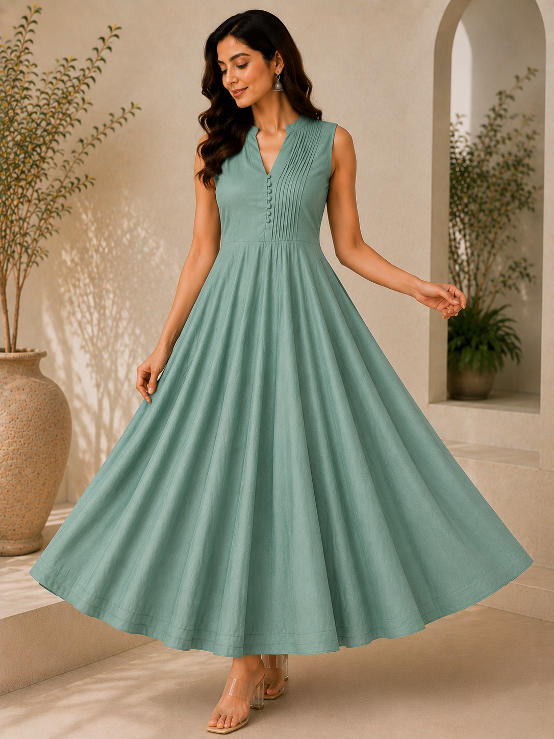 Siya Sage Green Sleeveless Flared Dress-0