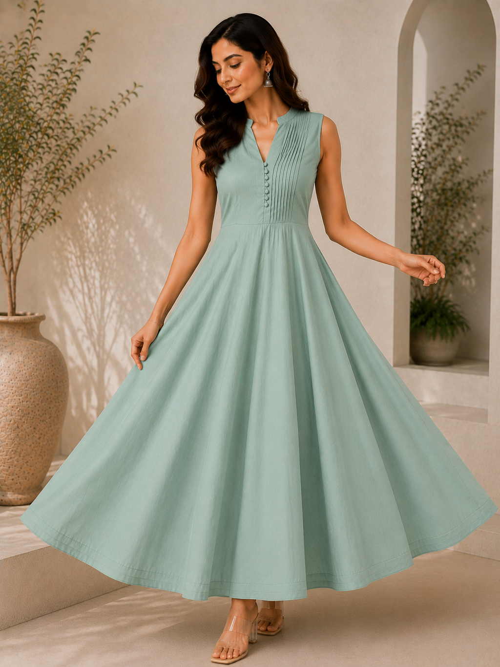 Siya Sage Green Sleeveless Flared Dress-1