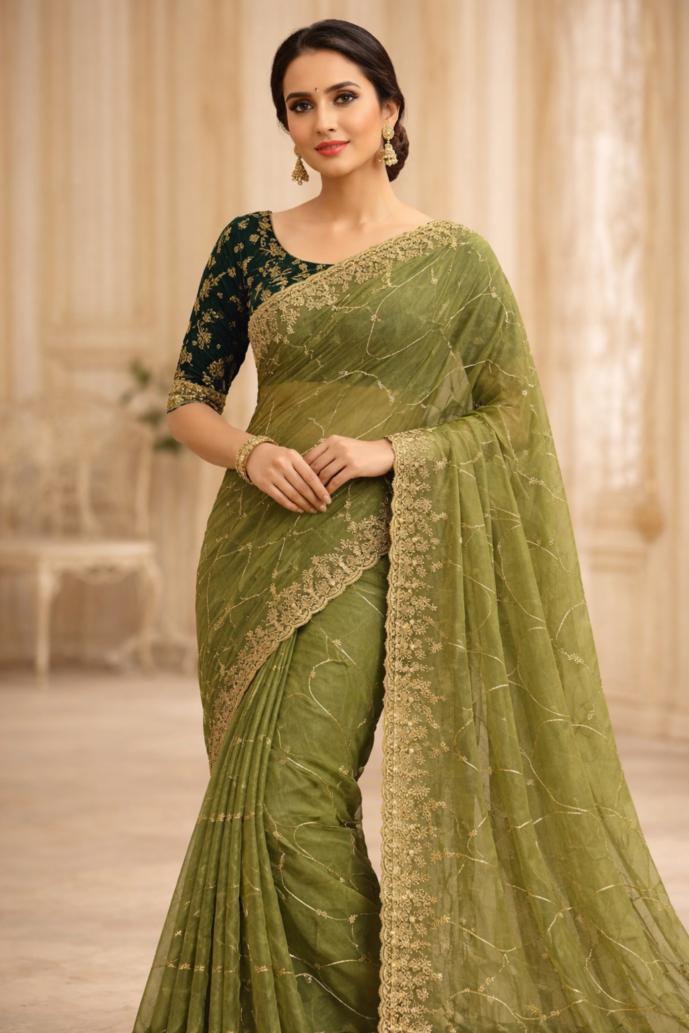 Olive Royale Georgette Embroidered Saree-0