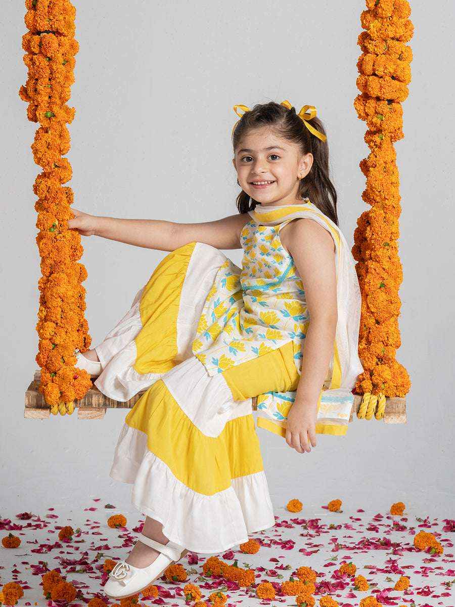 GulBano Sunshine Yellow & White Tiered Sharara Set-0