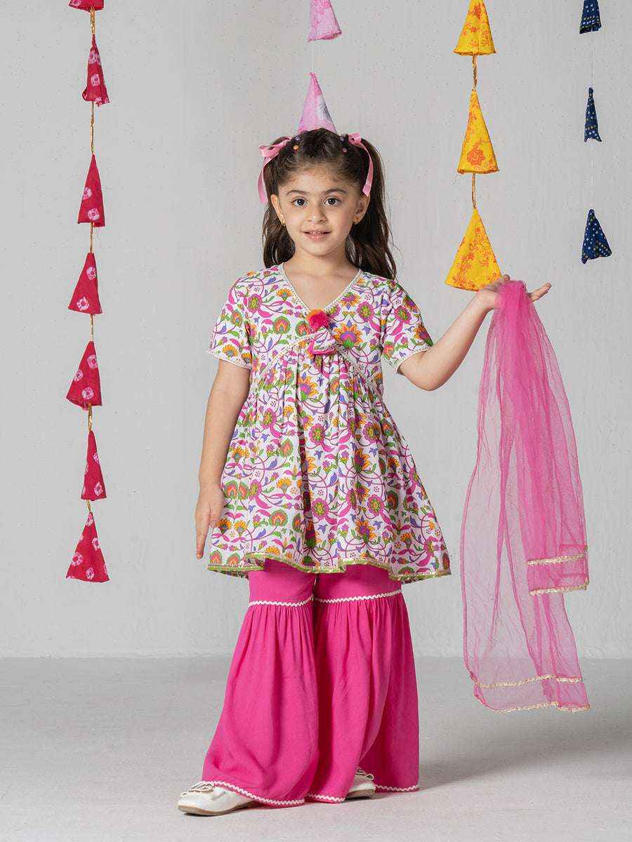 Phoolwari Pink Floral Kurta Sharara Set-0